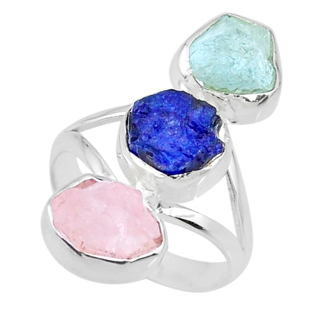 925 silver 12.39cts aquamarine rose quartz sapphire raw ring size 7 r73716
