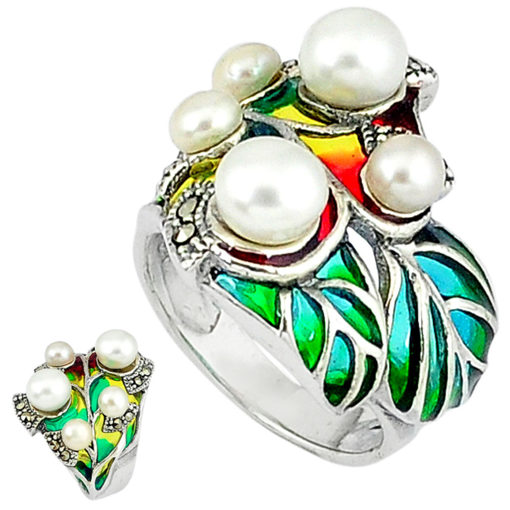 925 silver art nouveau natural white pearl marcasite enamel ring size 7.5 c20780