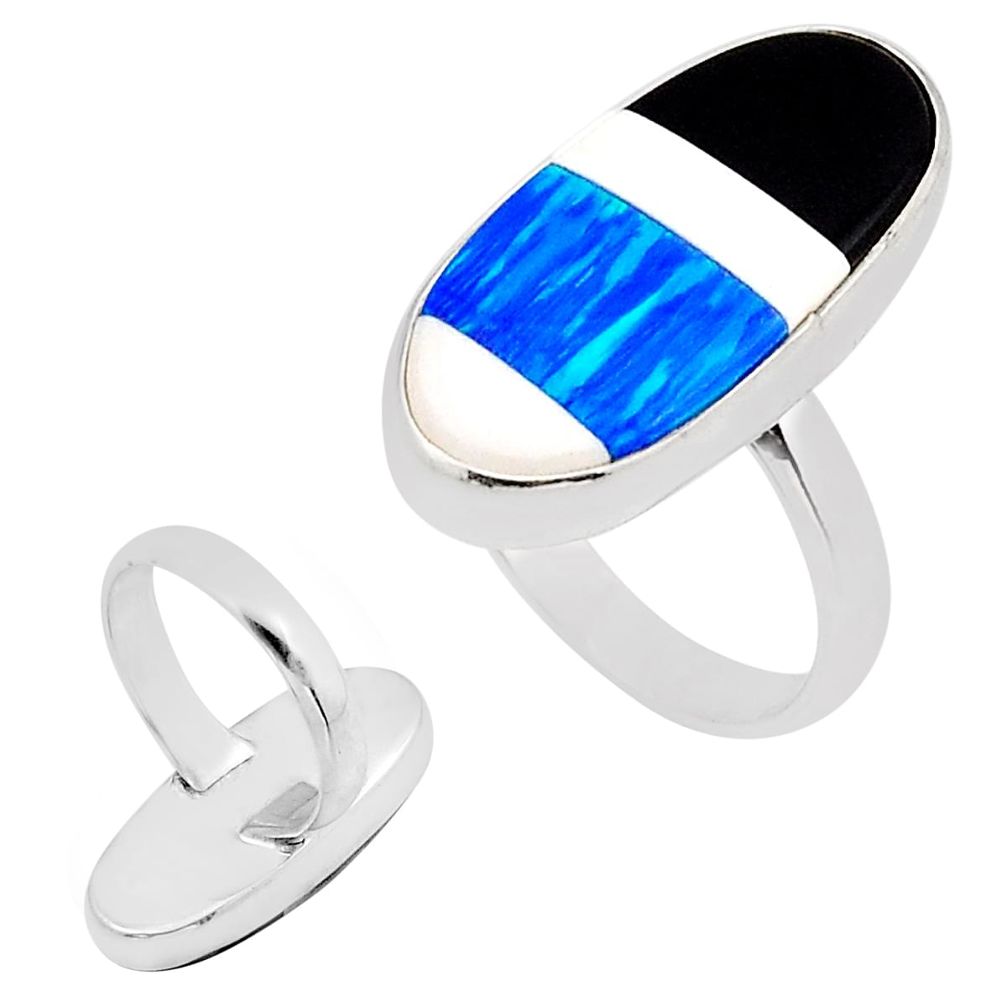 925 silver 8.45cts back closed blue white strip opal onyx ring size 7.5 n9273