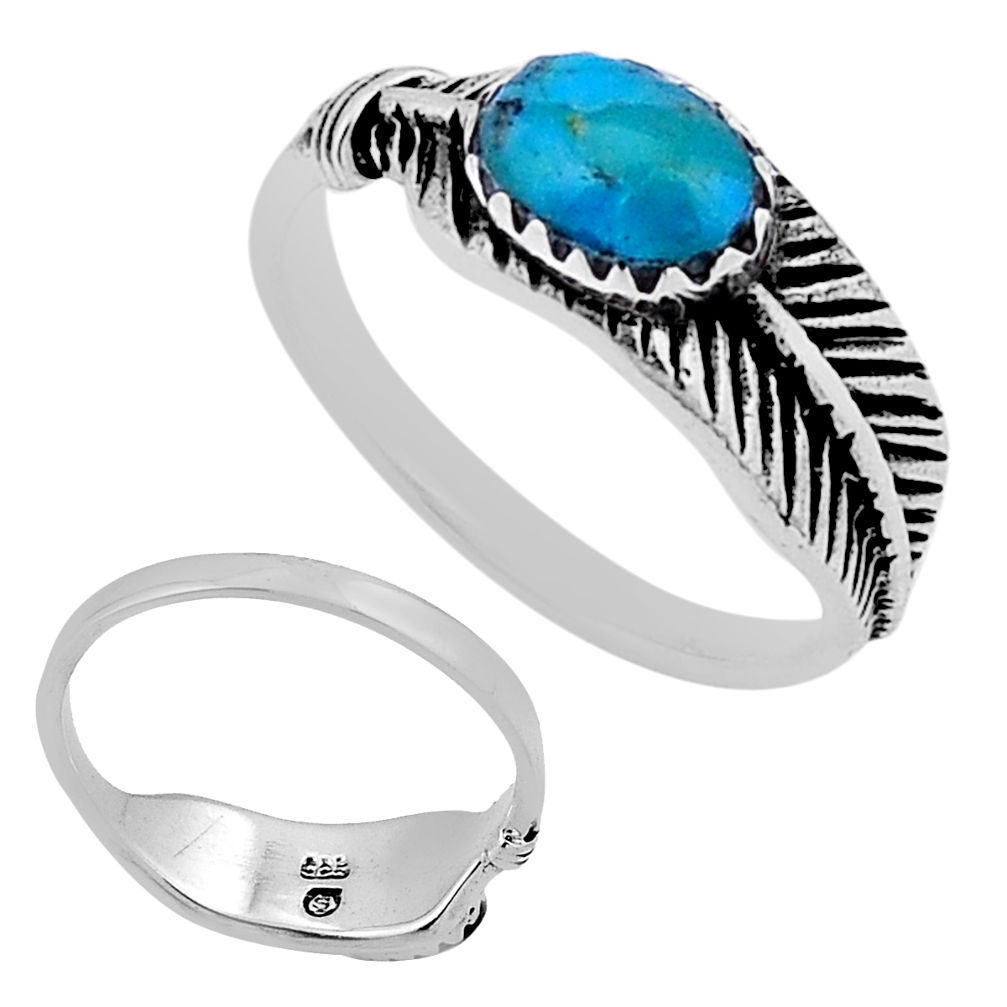 925 silver 1.57cts back closed fine blue turquoise feather ring size 8.5 n40416