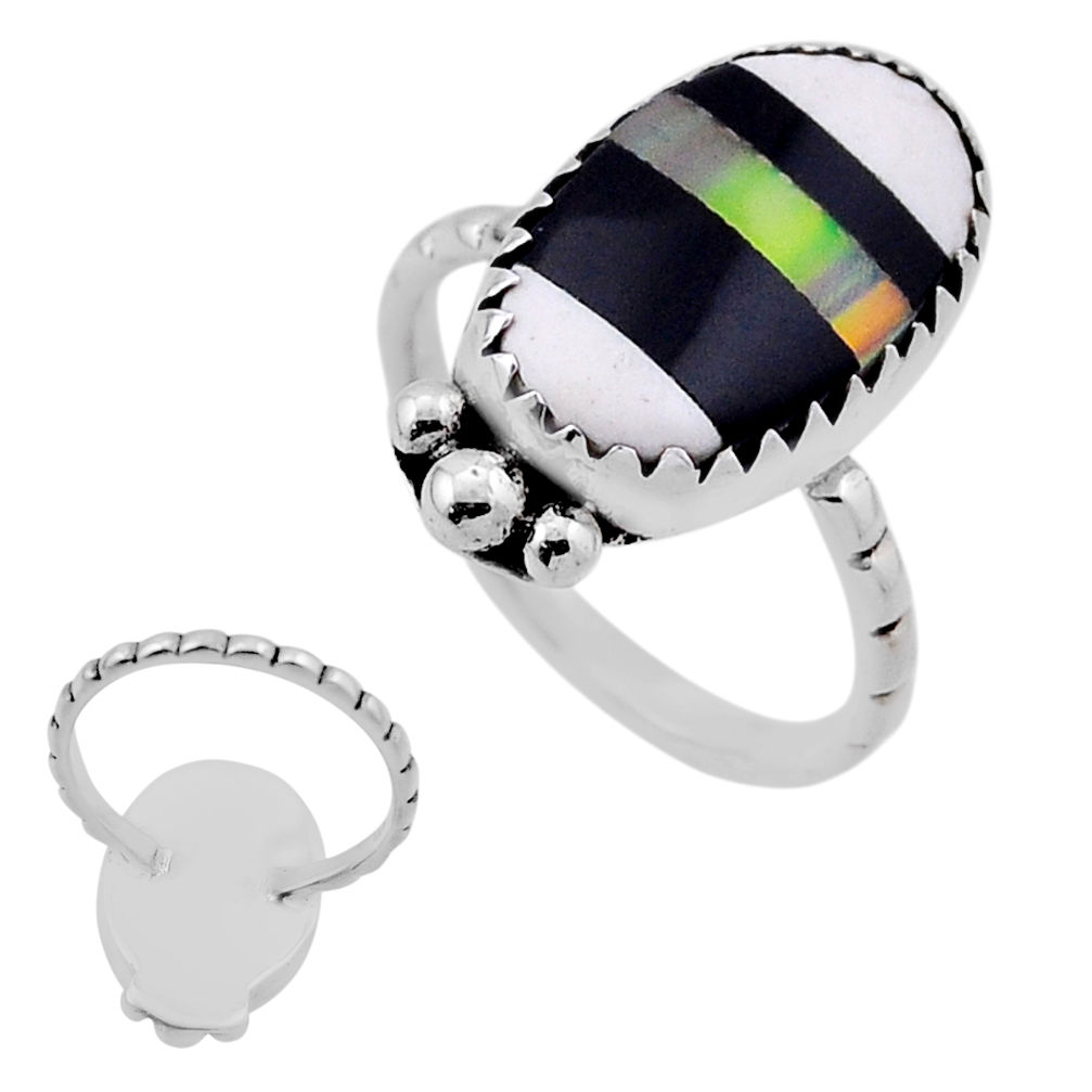 925 silver 4.40cts back closed green white black strip opal ring size 6 n45947