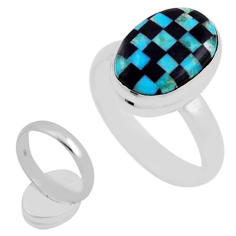 925 silver 5.12cts back closed kingman turquoise onyx checker ring size 8 n23318
