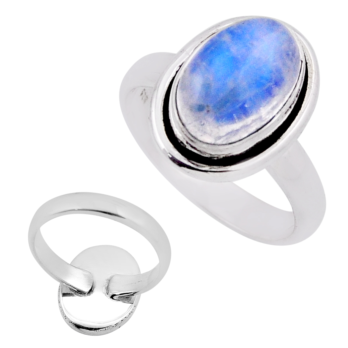 925 Silver Back Closed Natural Blue Moonstone Oval Ring Size