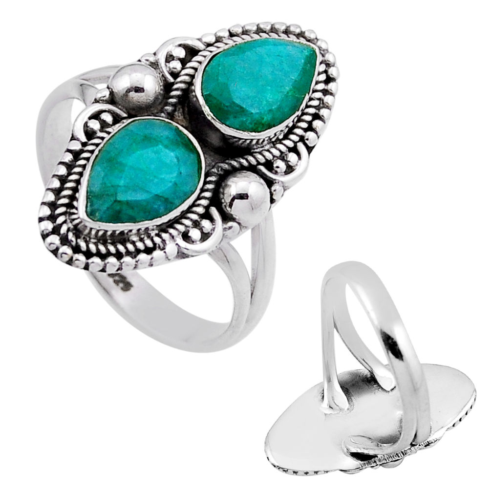 925 silver 4.59cts back closed natural green emerald pear ring size 7.5 n48586