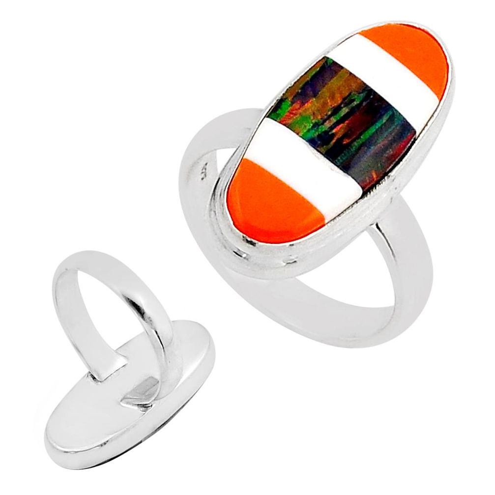 925 silver 7.83cts back closed orange white blue strip opal ring size 6.5 n9279
