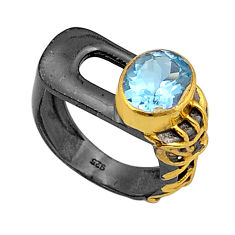925 silver 4.21cts black rhodium natural blue topaz gold ring size 6 y20386