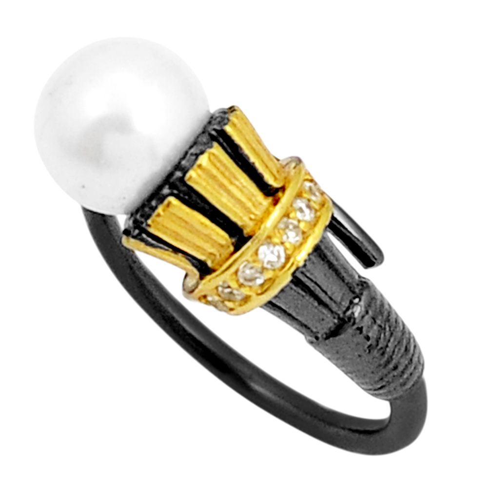 925 silver 4.50cts black rhodium natural pearl gold adjustable ring size 9 y6216