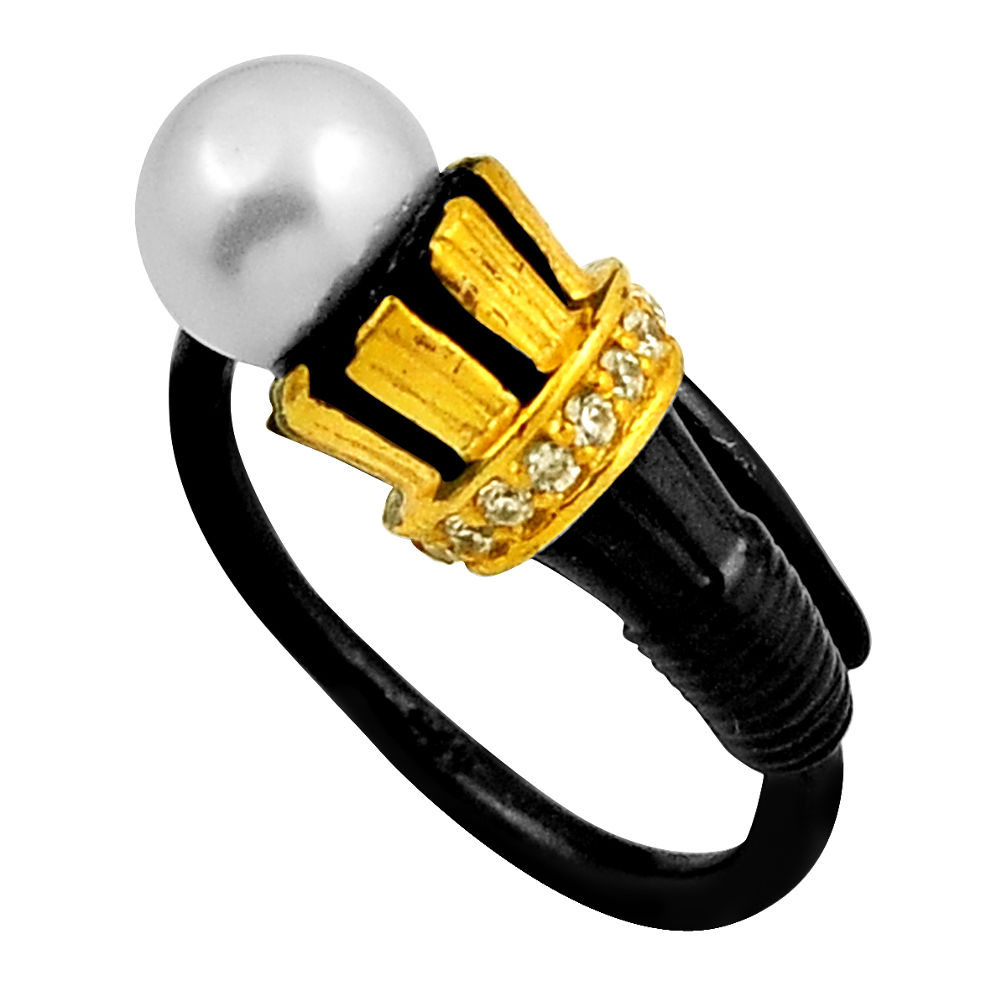 925 silver 4.06cts black rhodium pearl topaz gold adjustable ring size 7 n26496