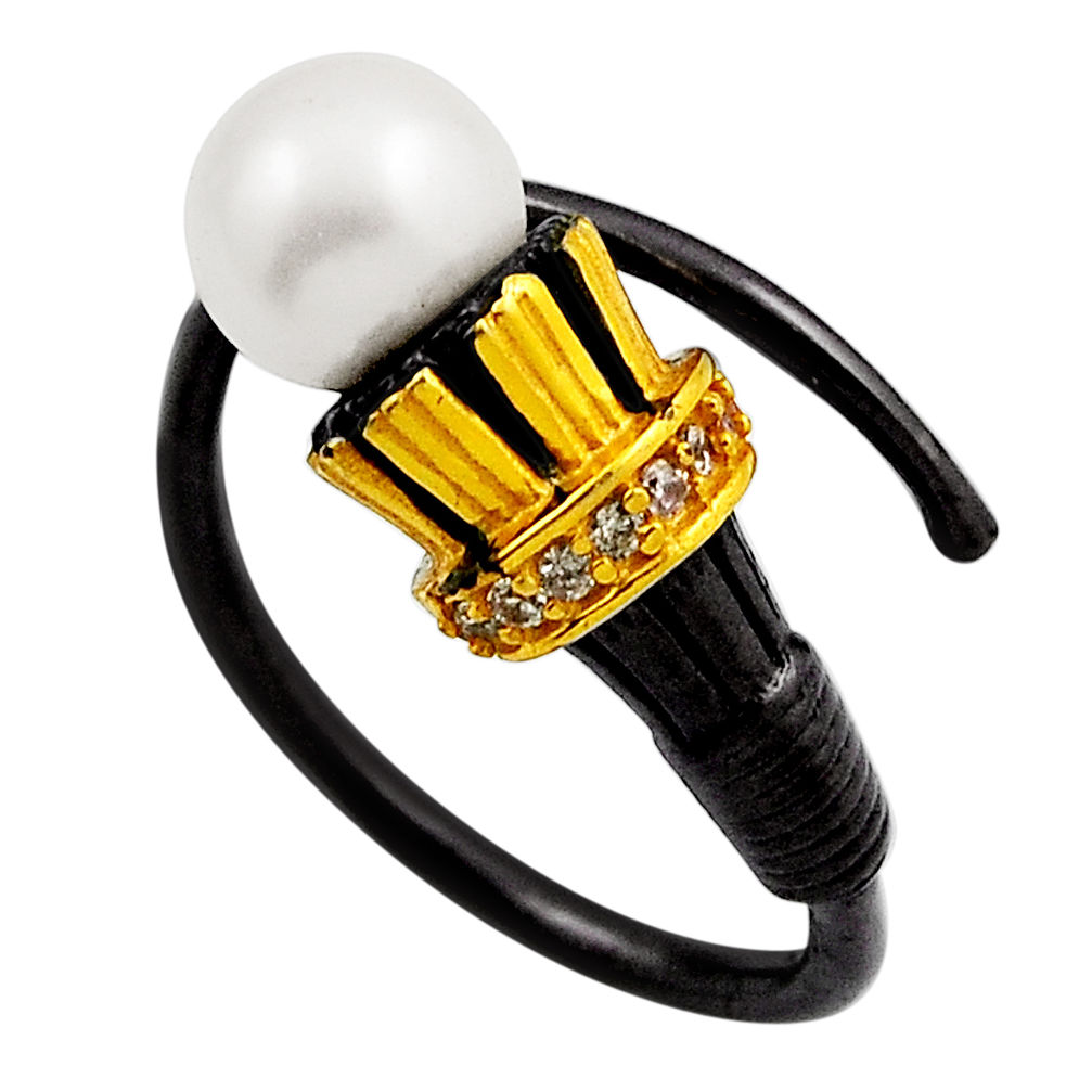 925 silver 4.21cts black rhodium white pearl topaz gold adjustable ring n27015