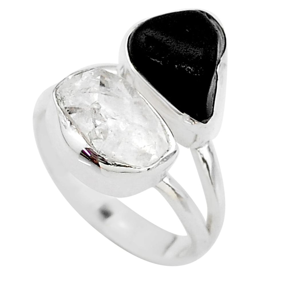 925 silver 10.78cts black tourmaline raw herkimer diamond ring size 7 t21040