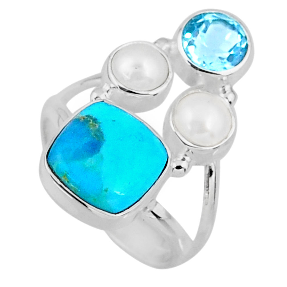 925 silver 6.31cts blue arizona mohave turquoise topaz pearl ring size 6 r57564