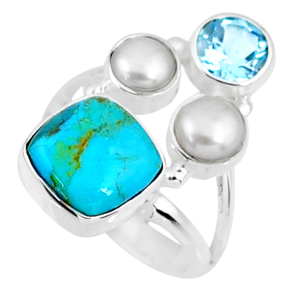 925 silver 6.31cts blue arizona mohave turquoise topaz pearl ring size 6 r57610