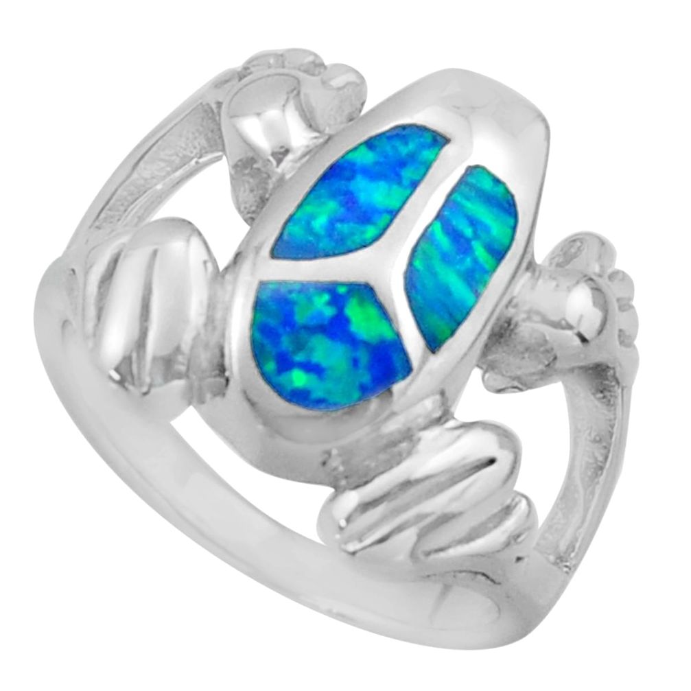 925 silver 8.69gms blue australian opal (lab) enamel frog ring size 8 c26252