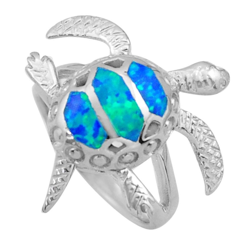 925 silver 6.89gms blue australian opal (lab) enamel tortoise ring size 7 c26244