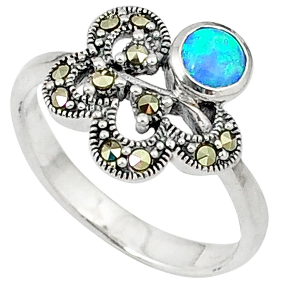 925 silver blue australian opal (lab) marcasite ring jewelry size 9 c17655