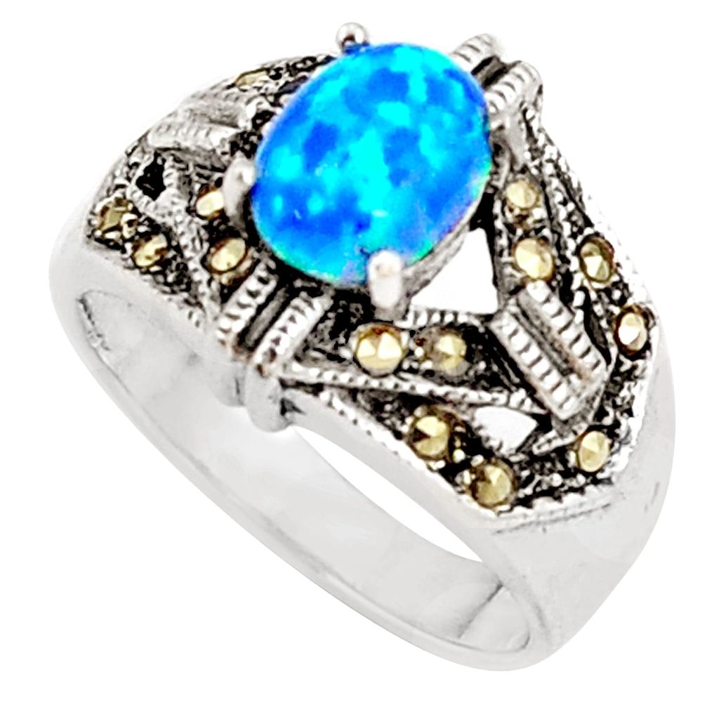 925 silver 1.40cts blue australian opal (lab) oval marcasite ring size 6 c25855