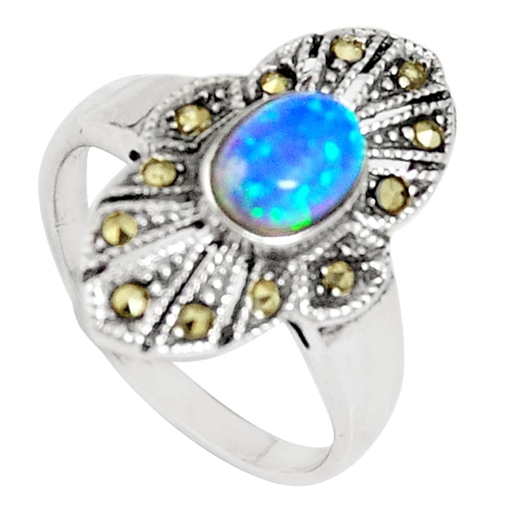925 silver 0.97cts blue australian opal (lab) oval marcasite ring size 7 c22994