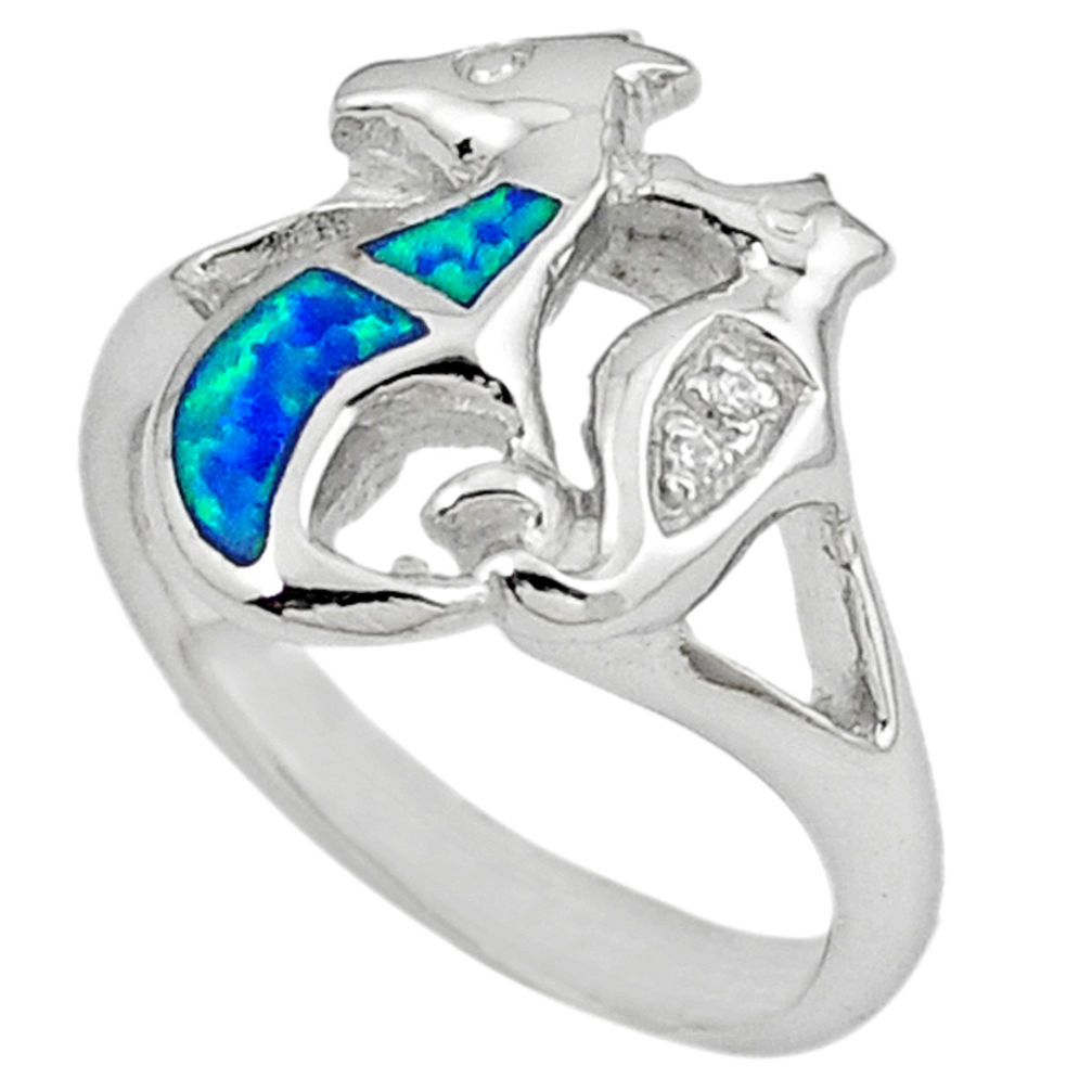 925 silver blue australian opal (lab) seahorse ring jewelry size 7.5 c15783