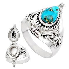 925 silver 2.04cts blue copper turquoise pear poison box ring size 7.5 t73320