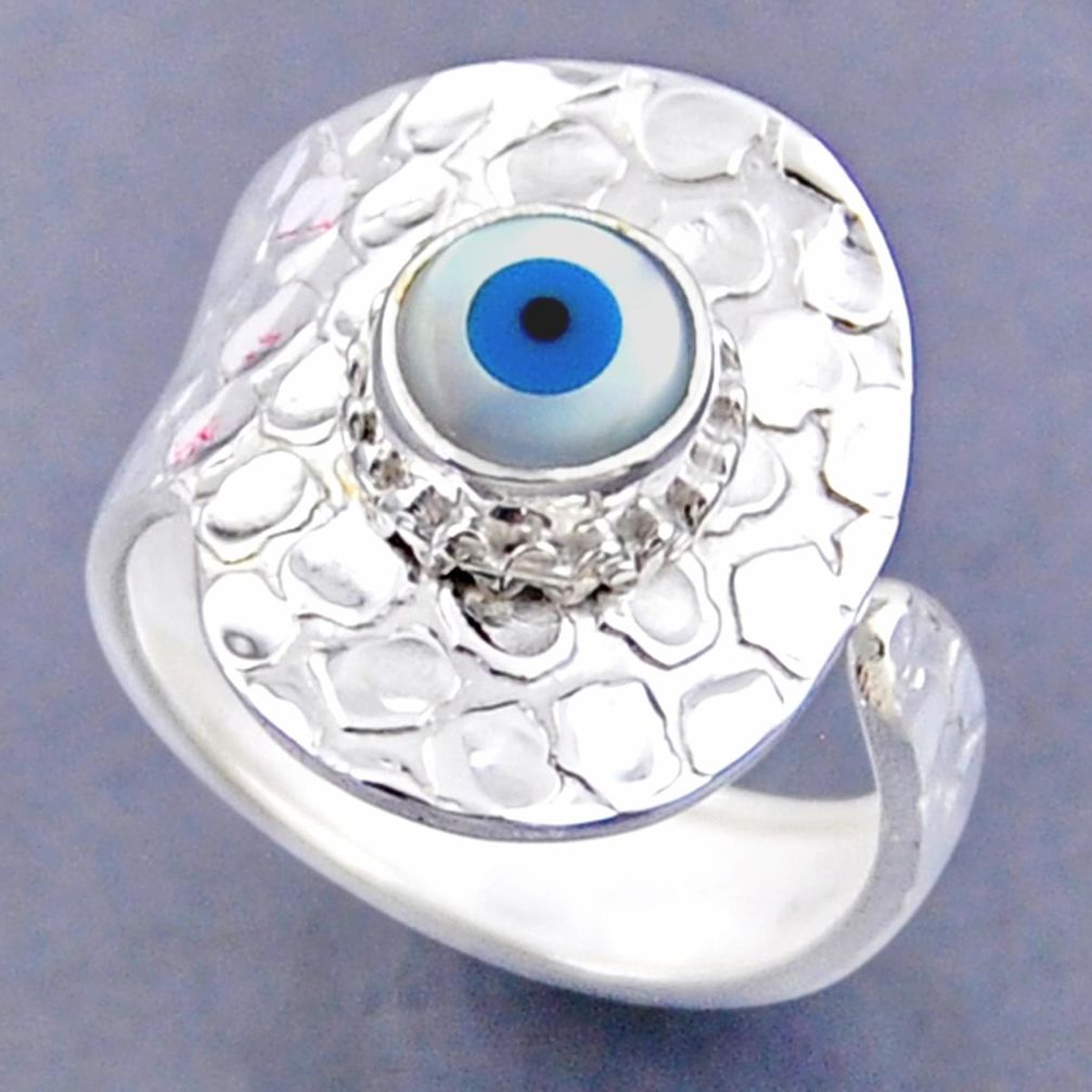 925 silver 2.66cts blue evil eye talismans round adjustable ring size 9.5 r54765