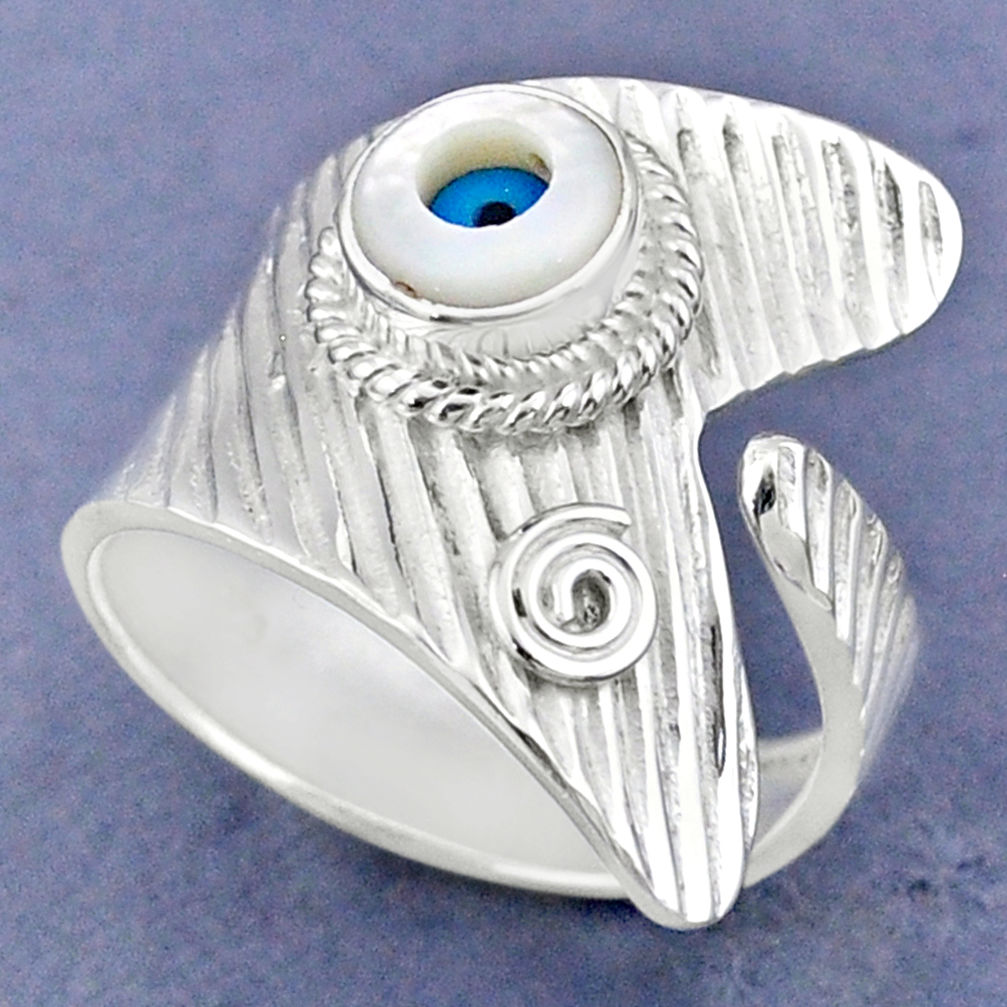 925 silver 2.34cts blue evil eye talismans round adjustable ring size 9 r63442