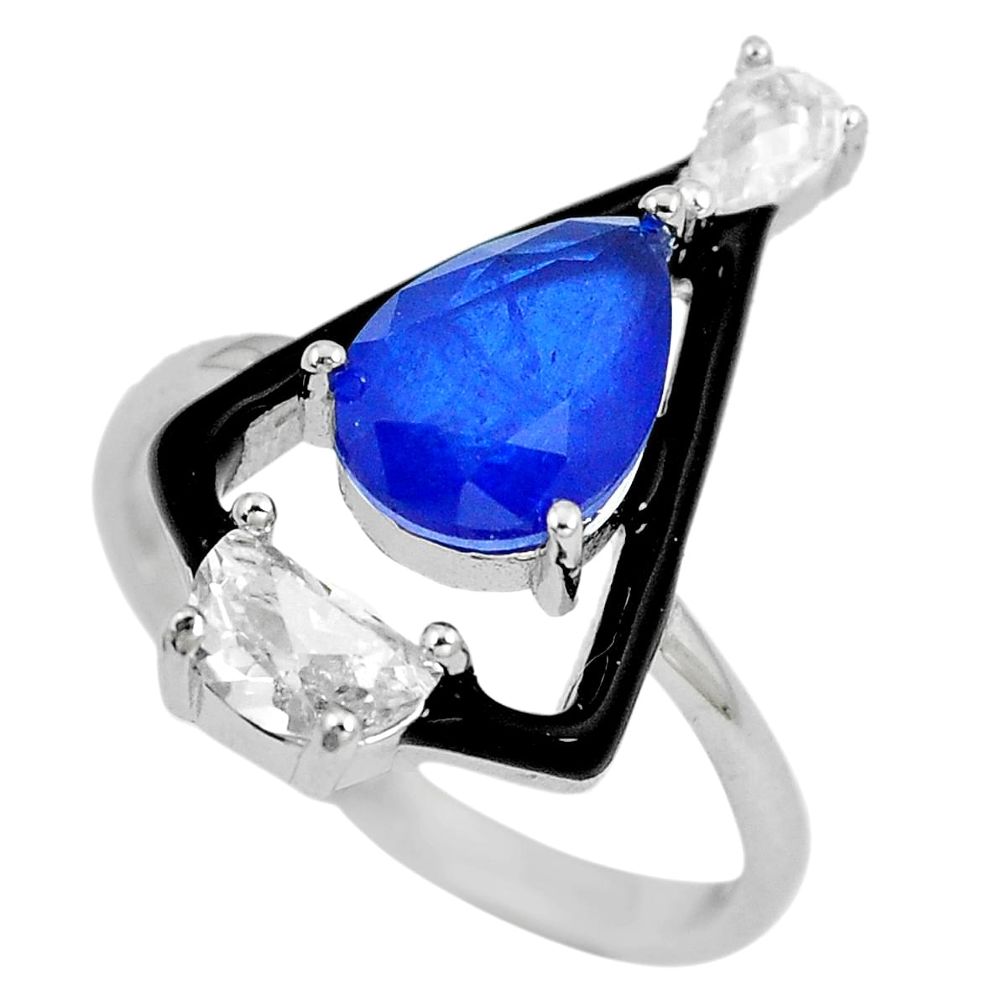 925 silver 4.46cts blue sapphire (lab) white topaz enamel ring size 8 c23603