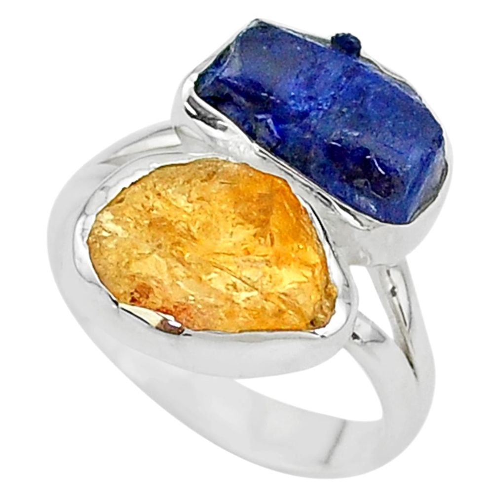 925 silver 11.23cts blue sapphire druzy citrine rough fancy ring size 7 t10488