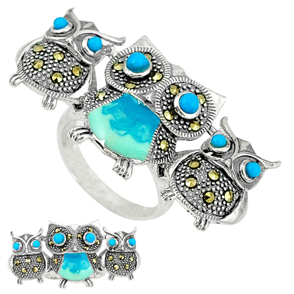 925 silver blue sleeping beauty turquoise enamel owl ring size 6.5 c18615