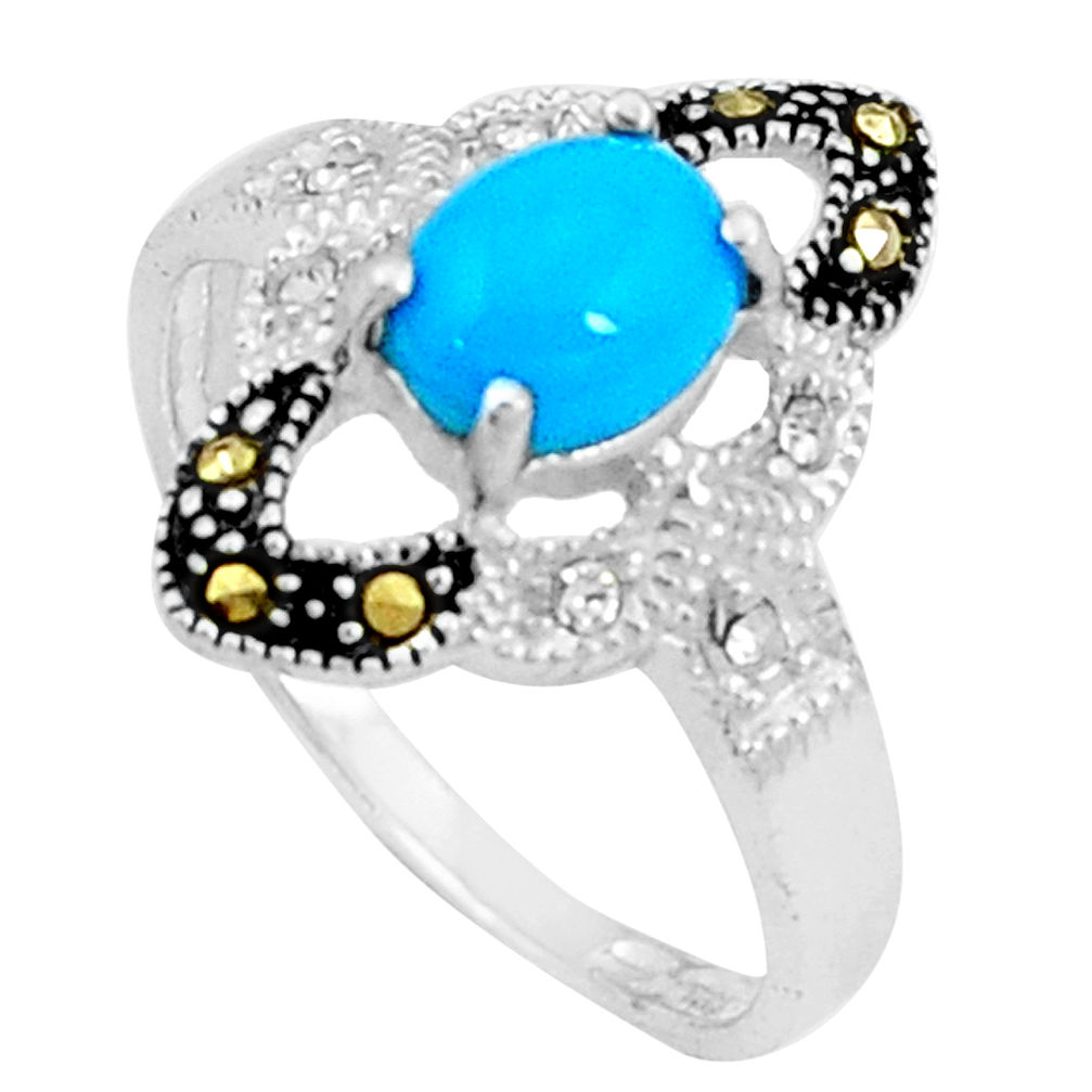 925 silver 2.09cts blue sleeping beauty turquoise marcasite ring size 8 c23649