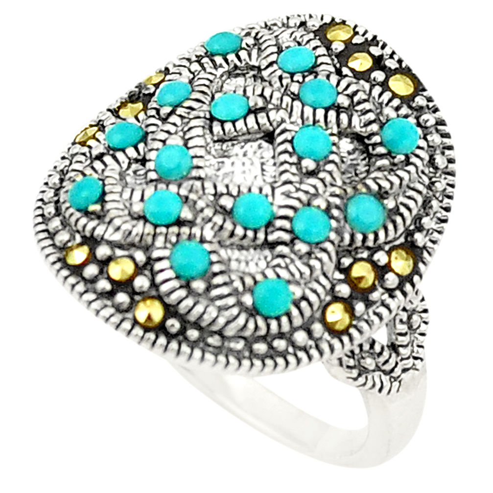 925 silver blue sleeping beauty turquoise swiss marcasite ring size 4 c20799