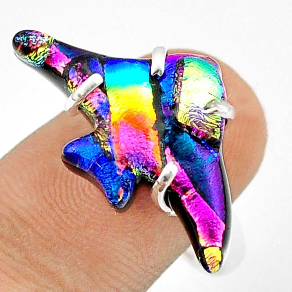 925 silver 12.25cts carving multi color dichroic glass fish ring size 9 u28864