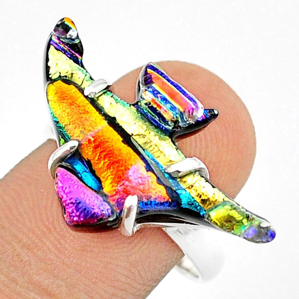 925 silver 12.72cts carving multi color dichroic glass fish ring size 8.5 u28843