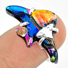 925 silver 11.57cts carving multi color dichroic glass fish ring size 6.5 u28849