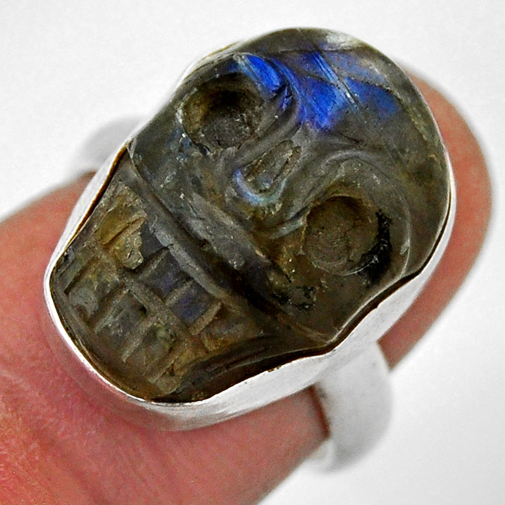 925 silver 12.91cts carving skull natural blue labradorite ring size 6.5 n39939