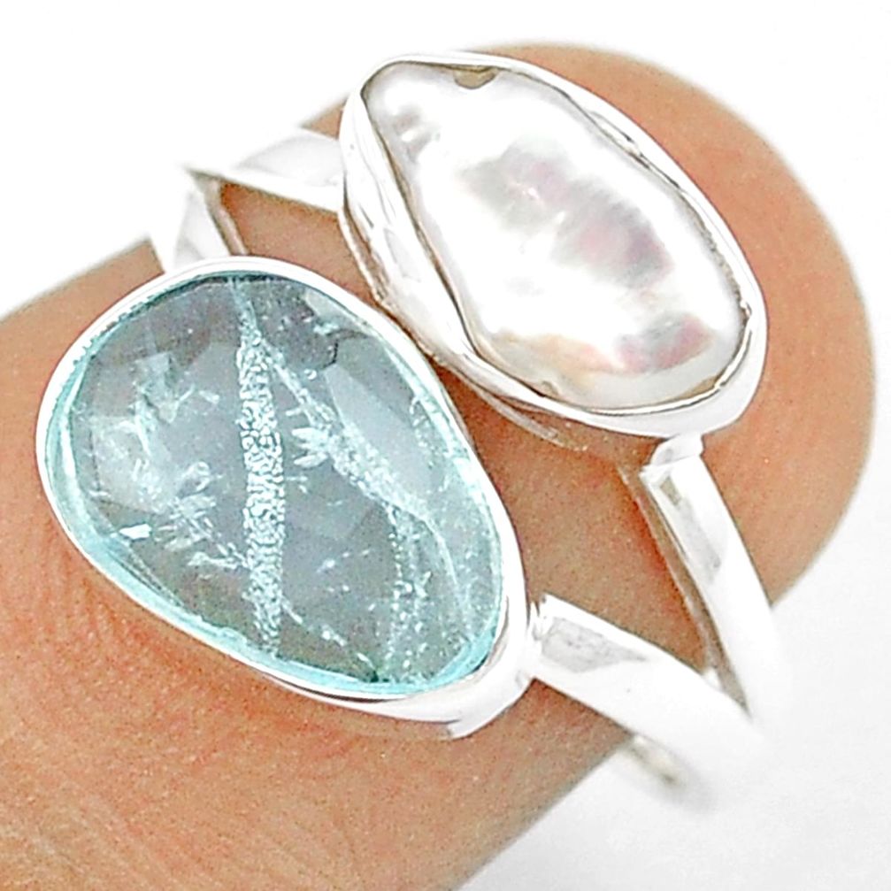 925 silver 7.66cts checker cut sea life natural blue aquamarine pearl ring size 7 u26239