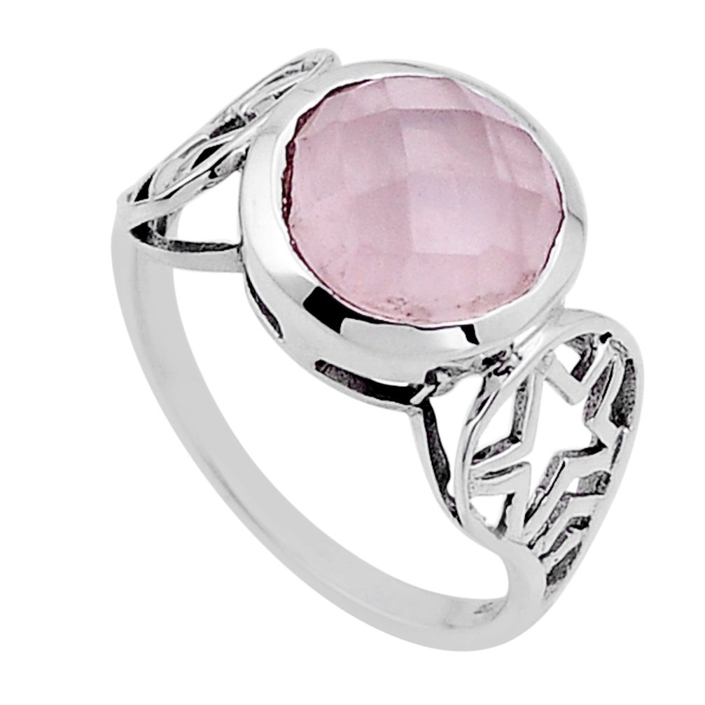 925 silver 5.31cts checker cut natural pink rose quartz round ring size 7 n52355