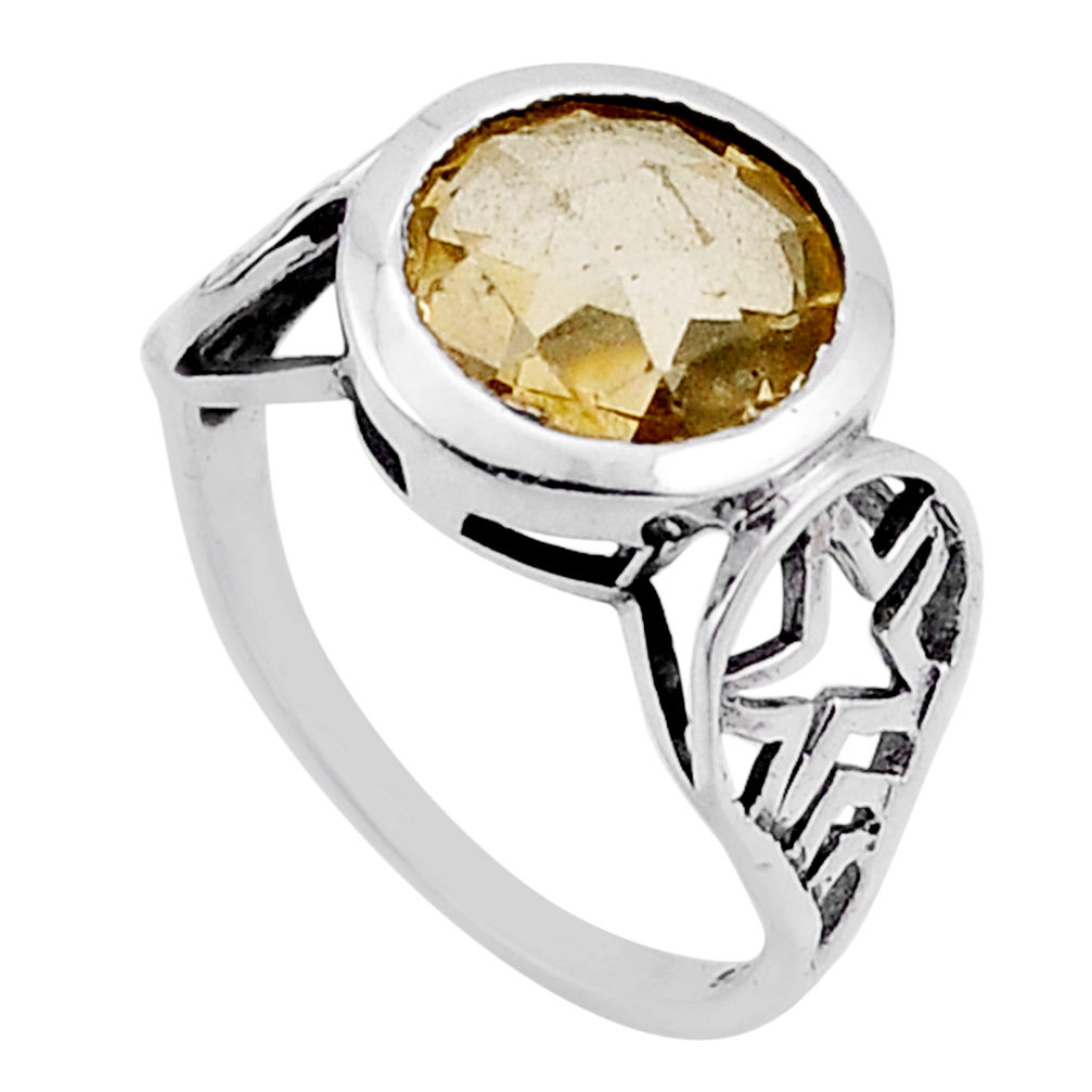 925 silver 4.59cts checker cut natural yellow citrine round ring size 6.5 n52349