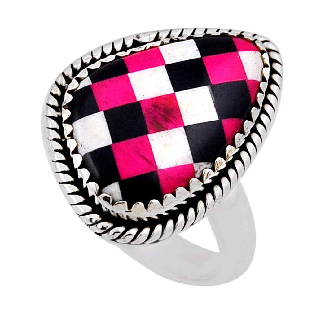 925 silver 6.18cts checker pink black white strip opal fancy ring size 7 n39363