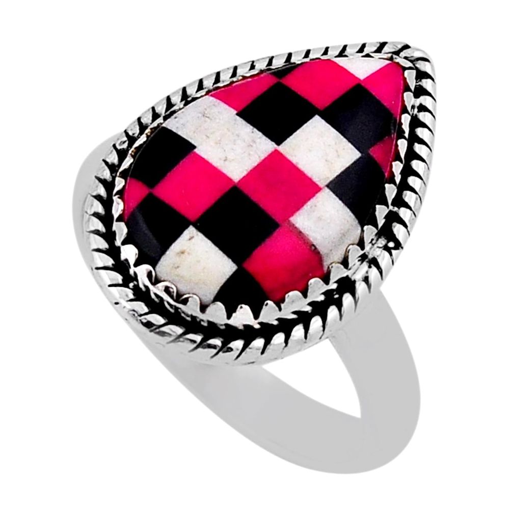 925 silver 8.77cts checker pink black white strip opal pear ring size 8 n39350