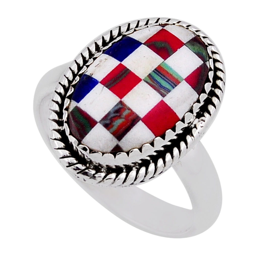 925 silver 6.03cts checker pink blue white strip opal oval ring size 8 n39374