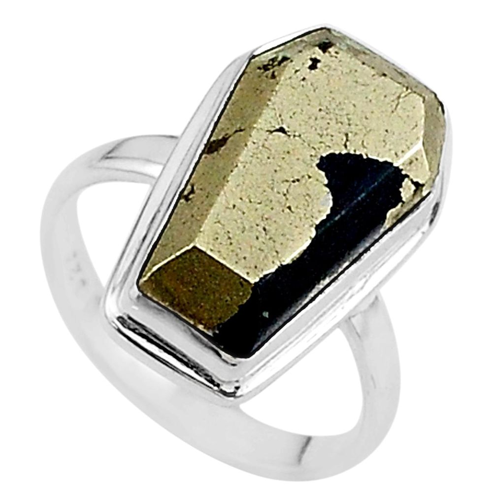 925 silver 9.56cts coffin natural golden pyrite in magnetite ring size 6 t17445