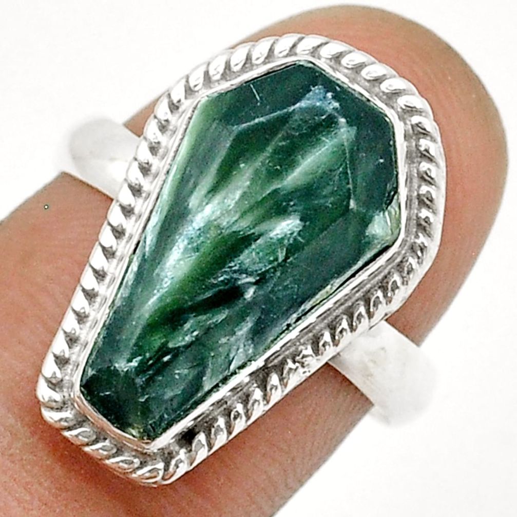 925 silver 5.38cts coffin natural green seraphinite (russian) ring size 8 u74336