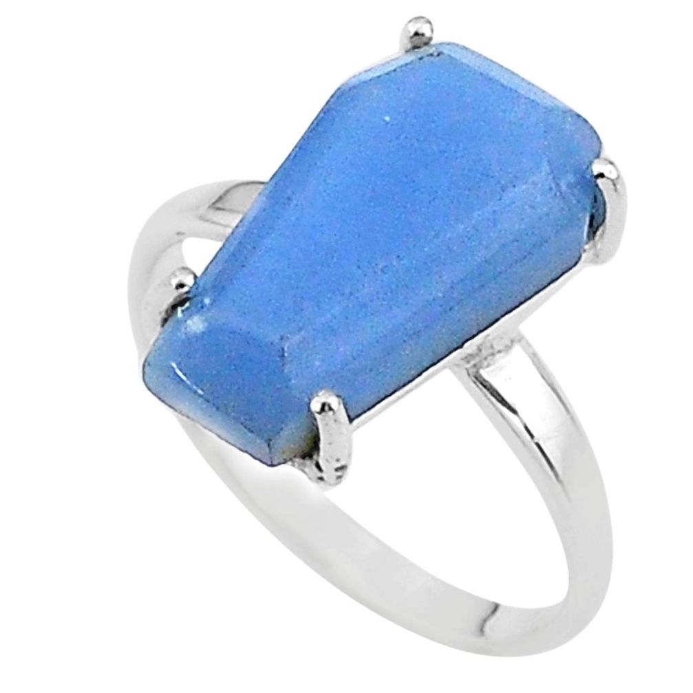 925 silver 8.12cts coffin solitaire natural blue angelite ring size 8 t17329