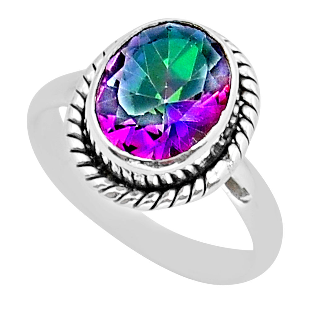 925 silver 4.38cts faceted multi color rainbow topaz oval ring size 7 y16485