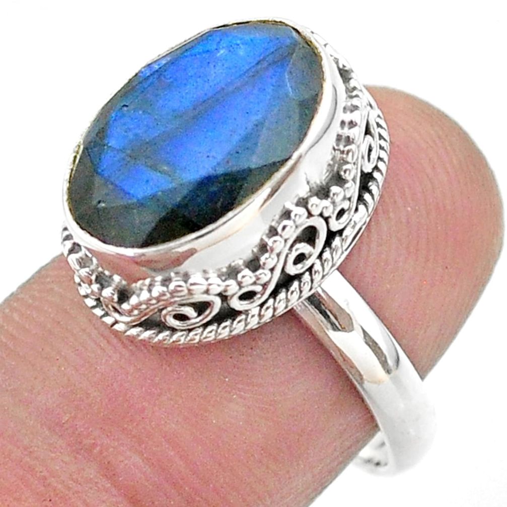 925 silver 6.62cts faceted natural blue labradorite oval ring size 7 t44827