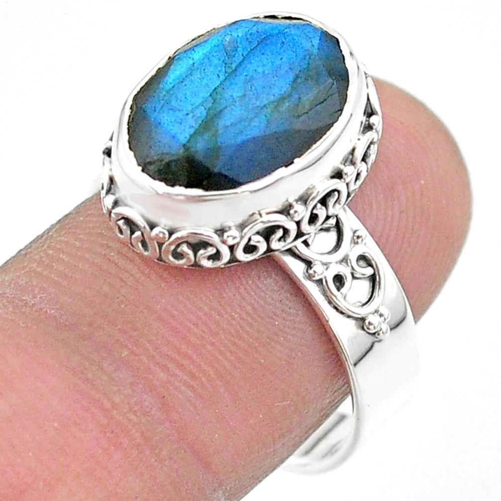 925 silver 6.58cts faceted natural blue labradorite oval ring size 8 t44836