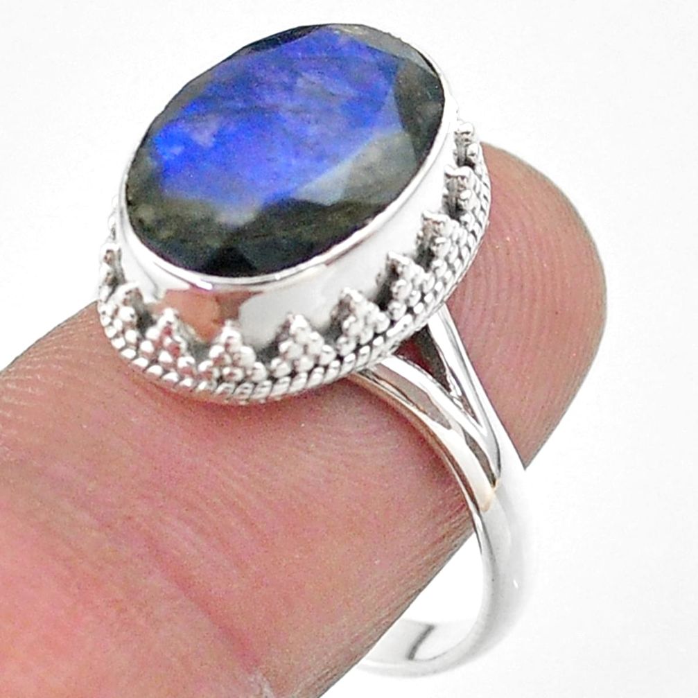 925 silver 6.80cts faceted natural blue labradorite oval ring size 8.5 t44824