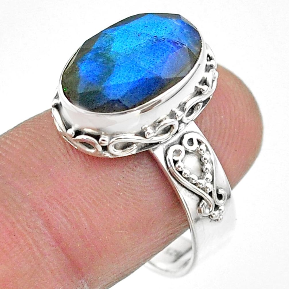 925 silver 6.83cts faceted natural blue labradorite oval ring size 8.5 t44838