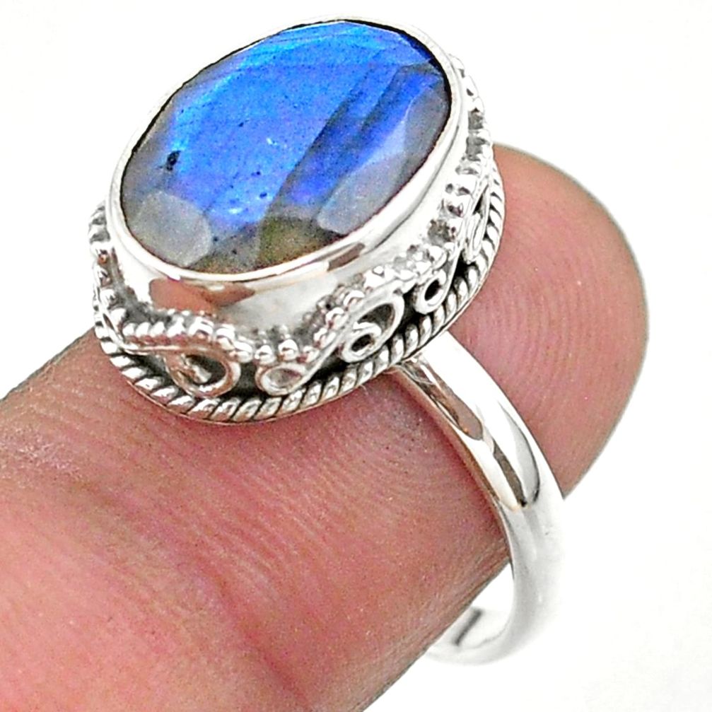 925 silver 6.83cts faceted natural blue labradorite oval ring size 7.5 t44856