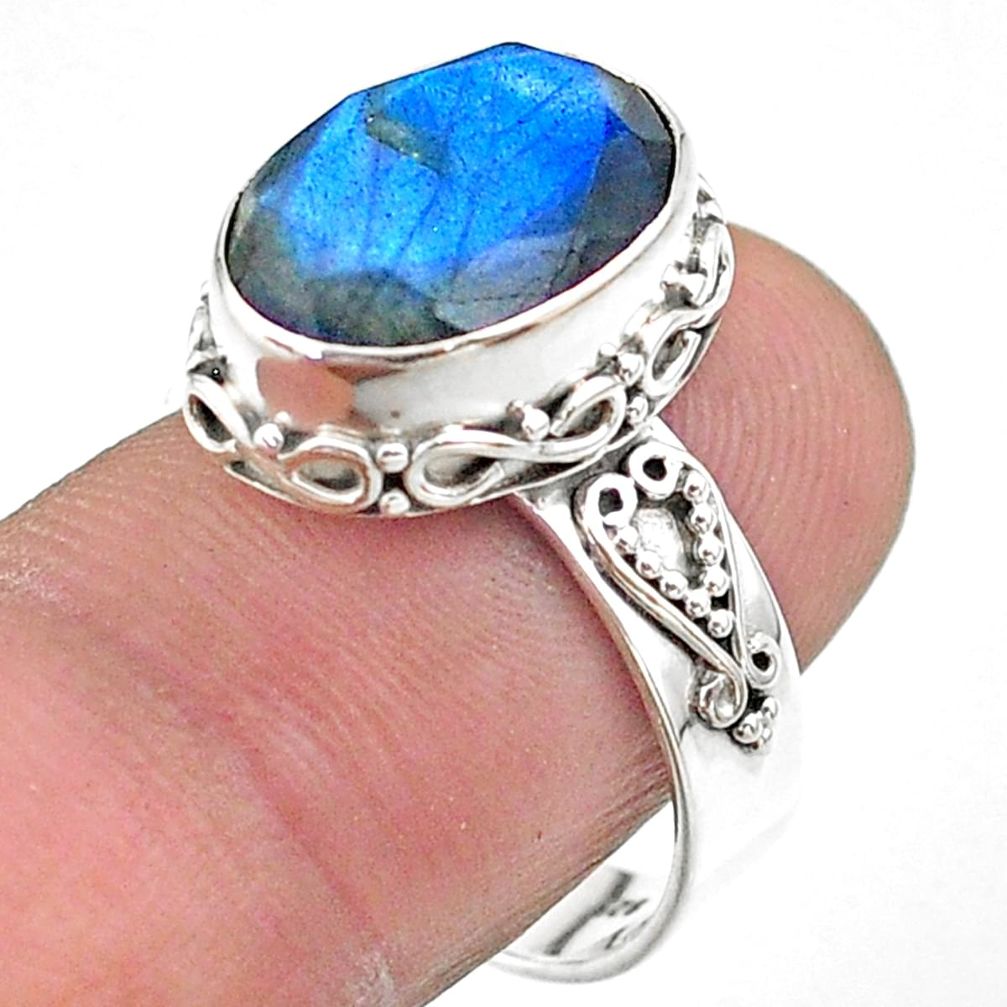 925 silver 6.41cts faceted natural blue labradorite oval ring size 8.5 t44860